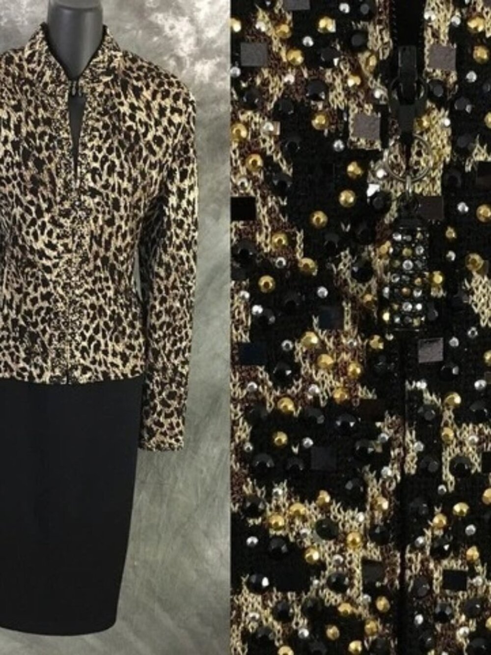 BEAUTIFUL St John evening black beige rhinestones embellished skirt suit size 8